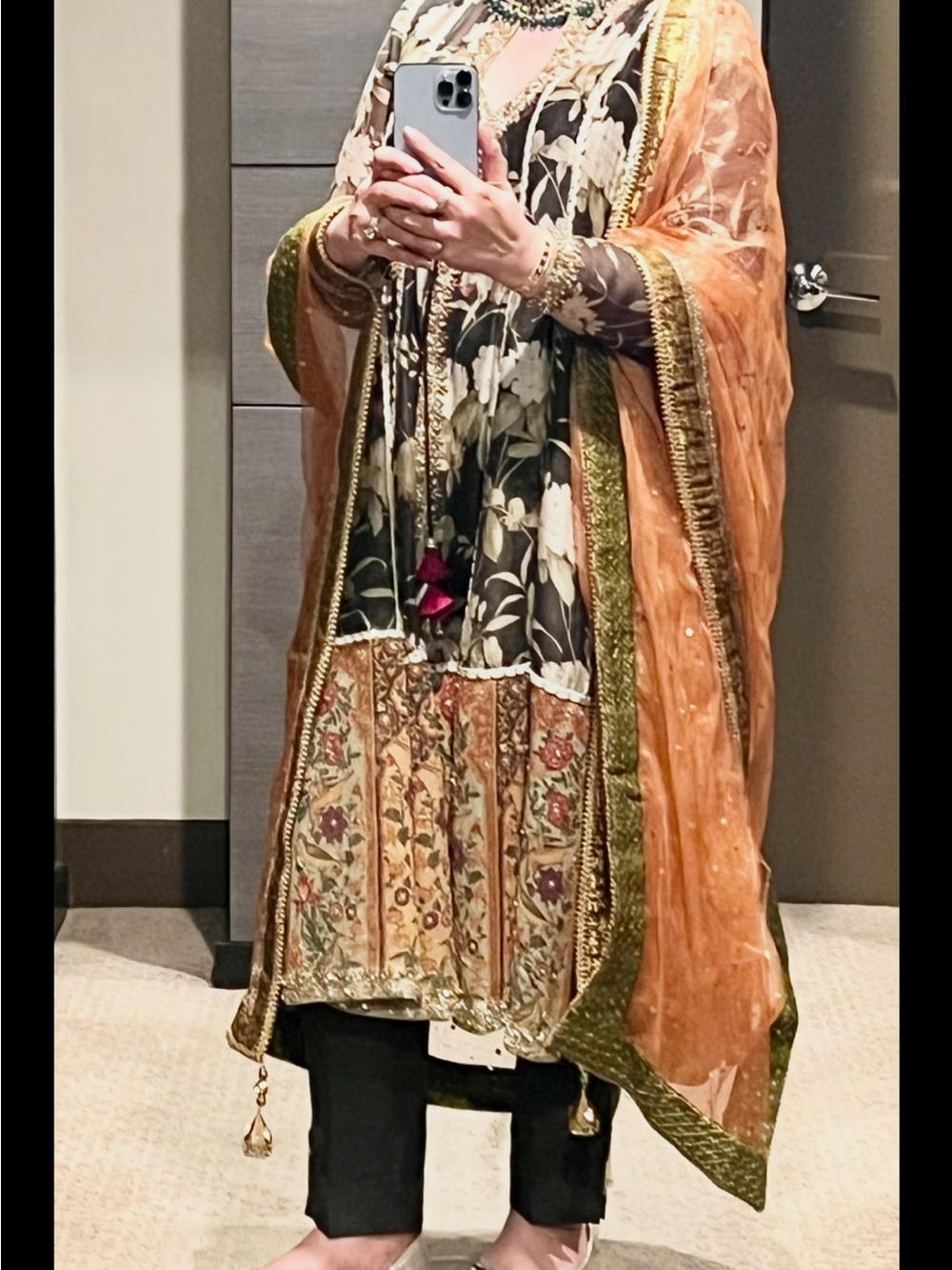 Embroidered Long Sleeve Women’s Dress with Peach Dupatta